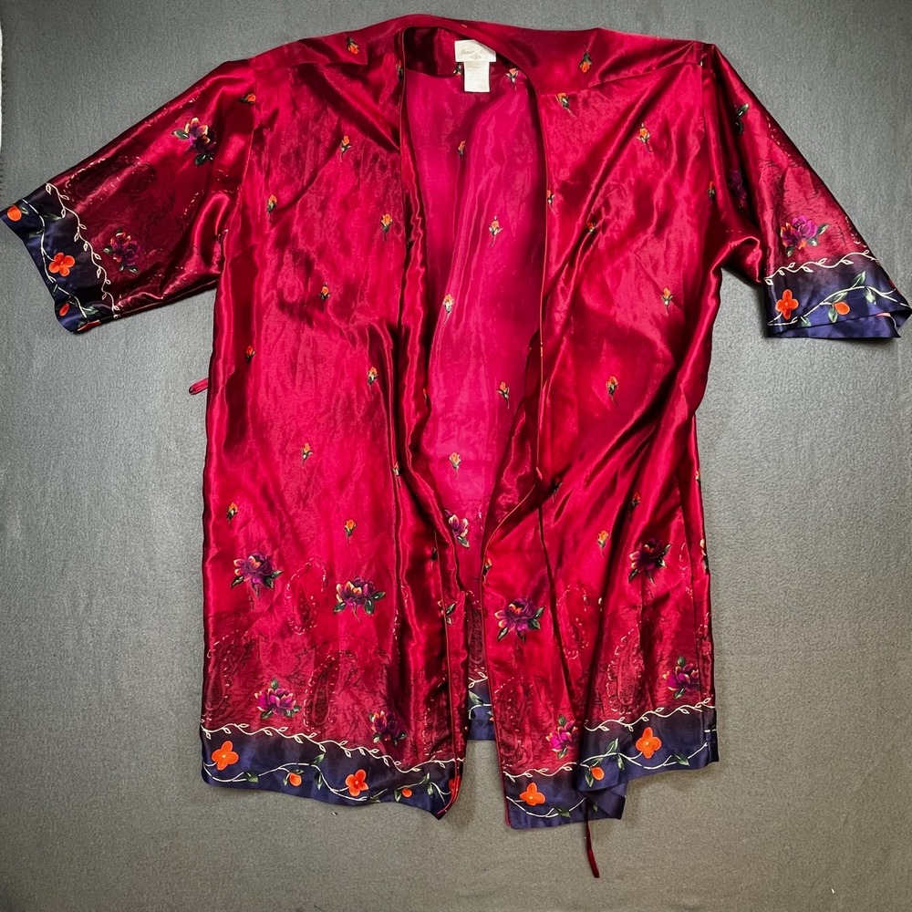VTG Inner Most Women Satin Floral Robe Kimono Medium Burgundy Embroidered Belted